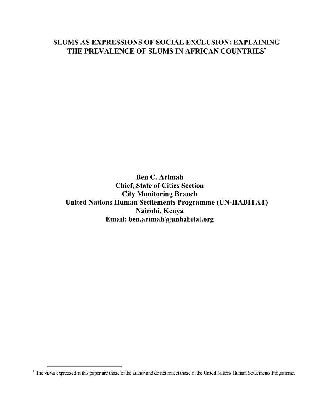 Indicators and Thresholds for Defining Slum Households