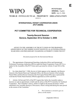 PCT COMMITTEE for TECHNICAL COOPERATION Twenty-Second