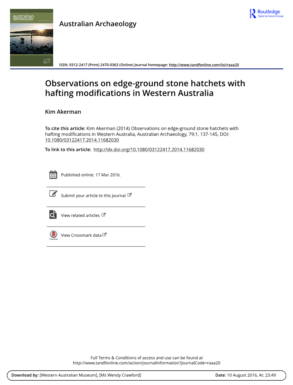Observations on Edge-Ground Stone Hatchets with Hafting Modifications in Western Australia