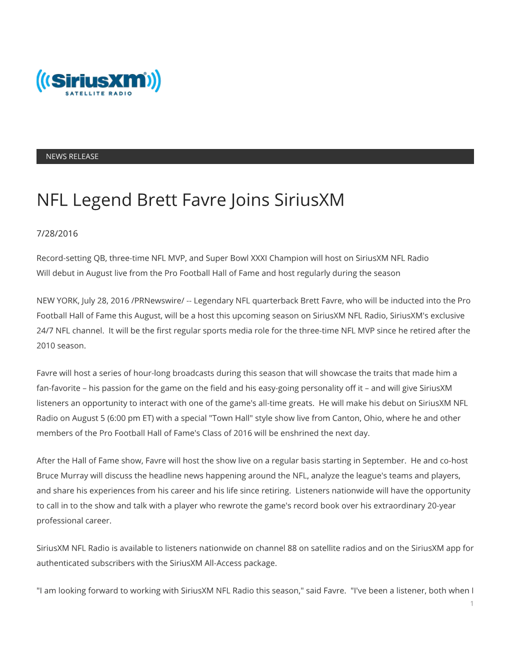 NFL Legend Brett Favre Joins Siriusxm