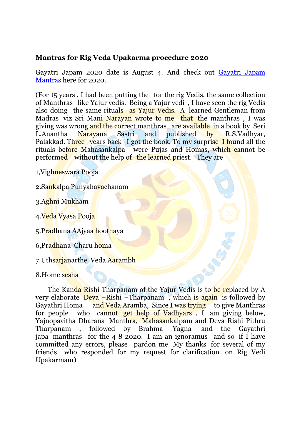 Mantras for Rig Veda Upakarma Procedure 2020 Gayatri Japam