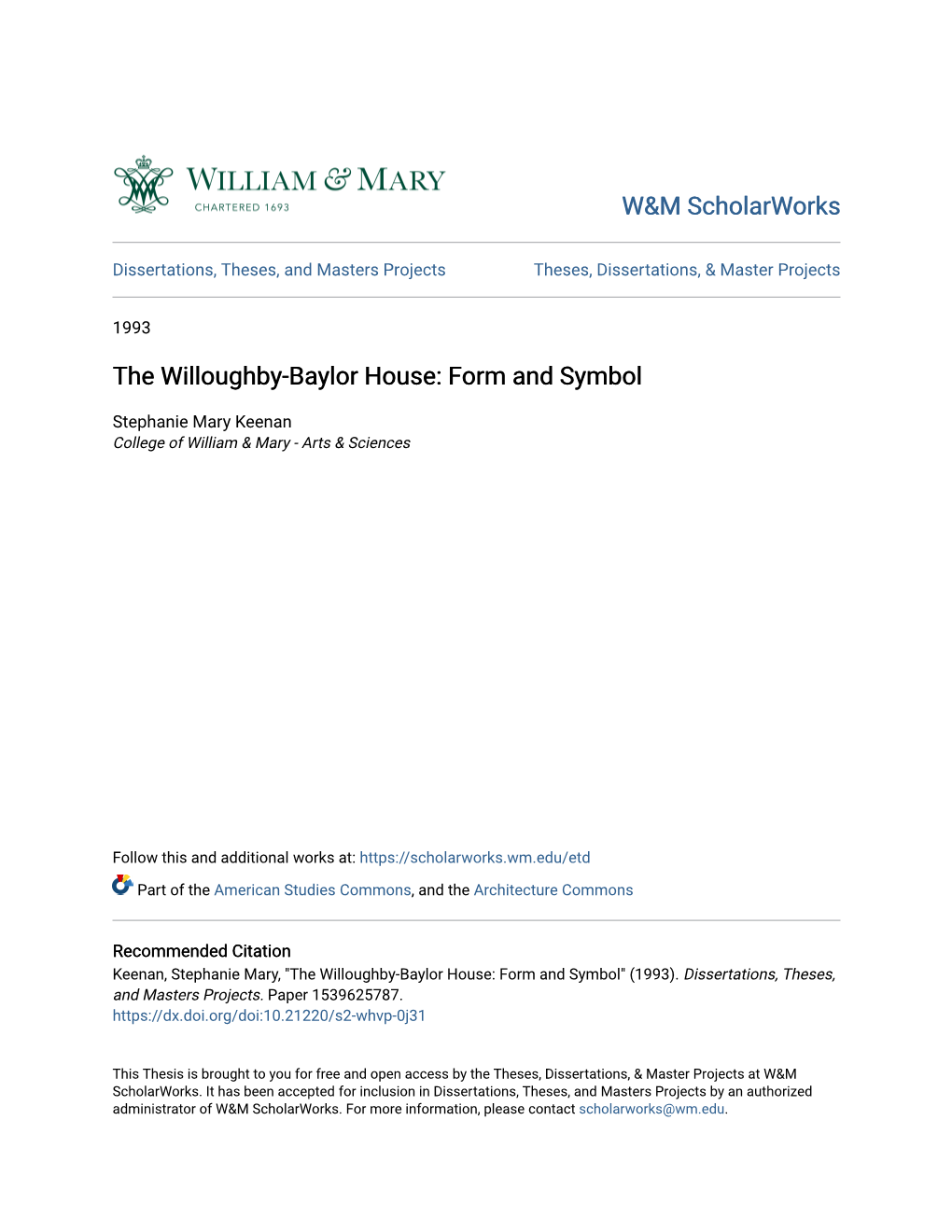 The Willoughby-Baylor House: Form and Symbol
