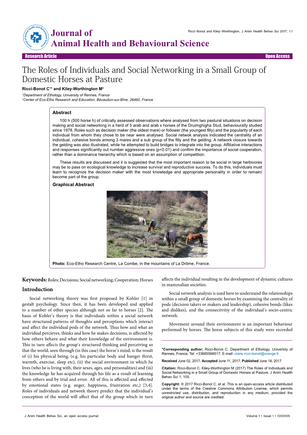 The Roles of Individuals and Social Networking in a Small Group of Domestic Horses at Pasture