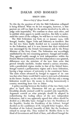DAKAR and BAMAKO SIMON KIBA Editor-In-Chief Of'afrique Nouvelle*, Dakar to This Day the Question of Why the Mali Federation Collapsed Is Being Debated