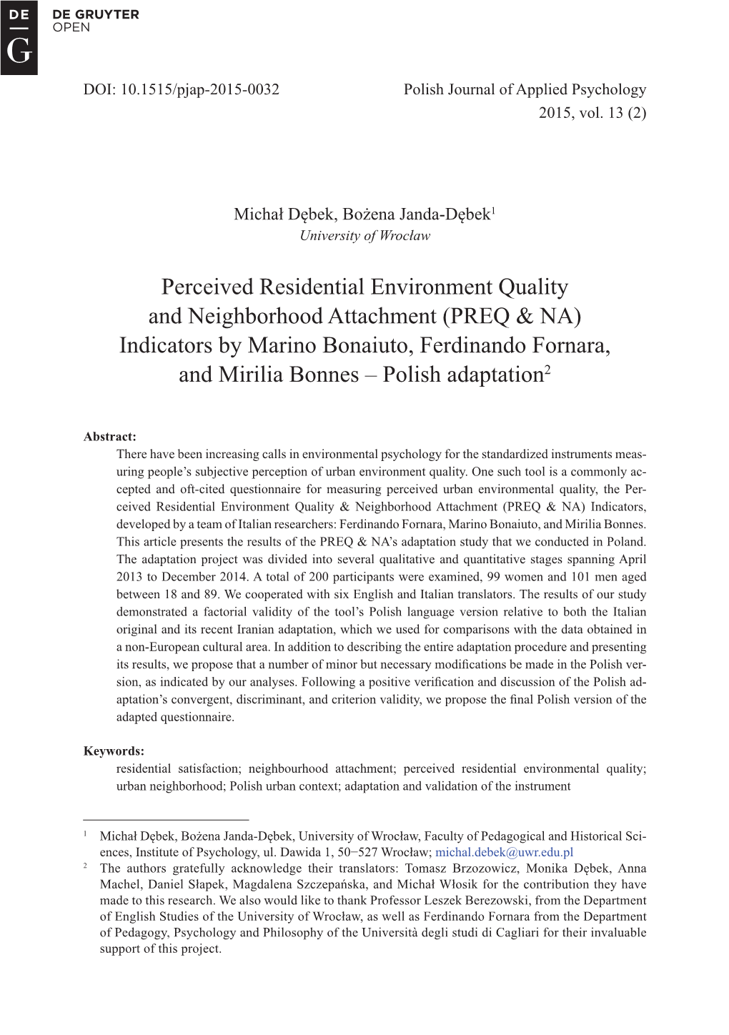 Perceived Residential Environment Quality and Neighborhood