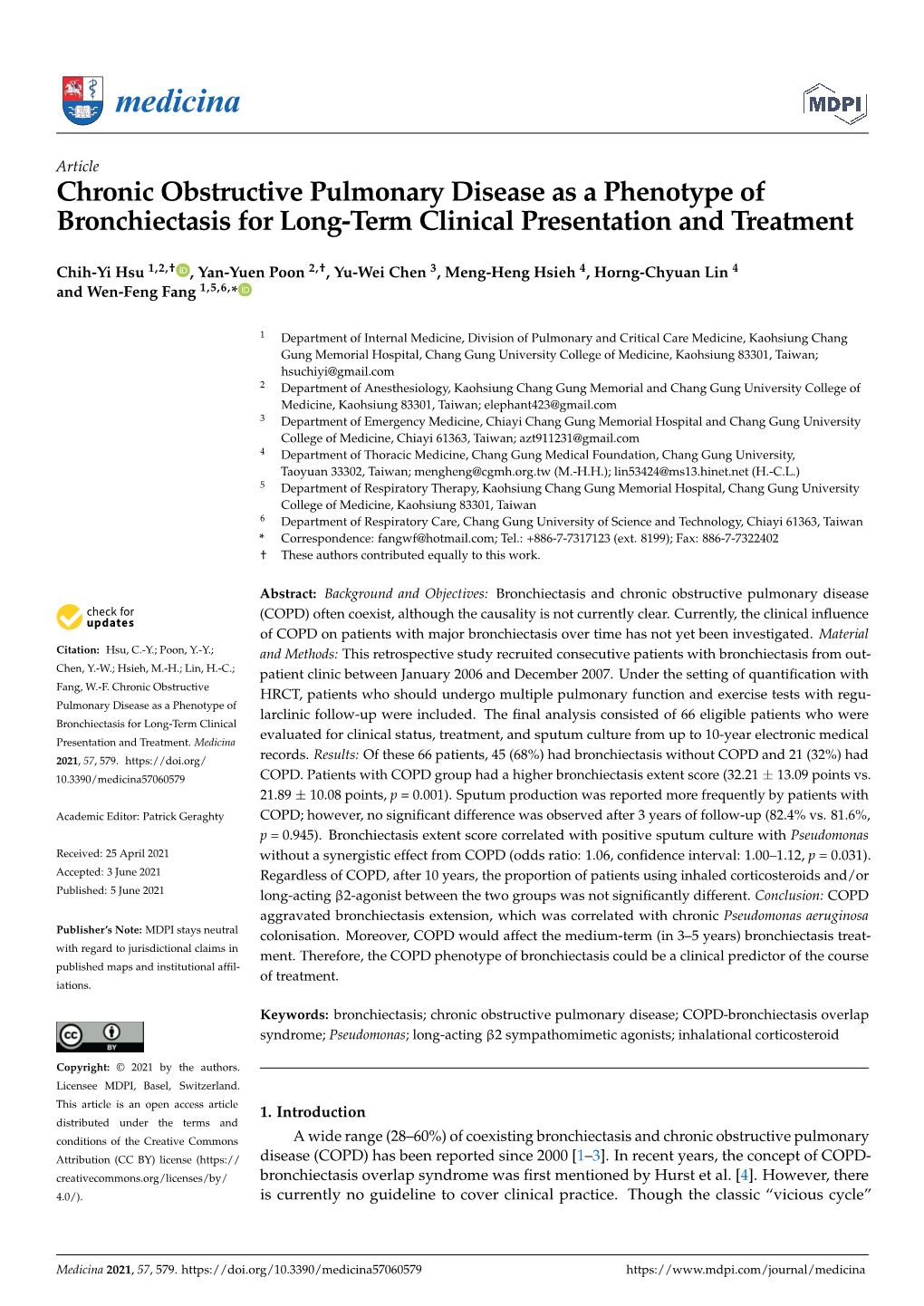 Chronic Obstructive Pulmonary Disease As a Phenotype of Bronchiectasis for Long-Term Clinical Presentation and Treatment