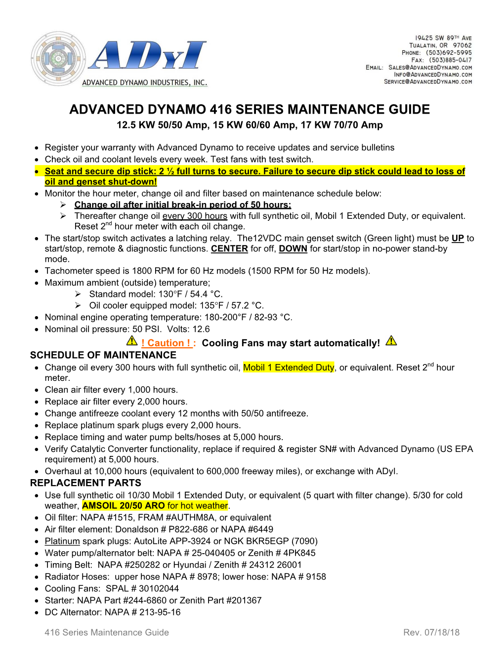 416 SERIES MAINTENANCE GUIDE 12.5 KW 50/50 Amp, 15 KW 60/60 Amp, 17 KW 70/70 Amp