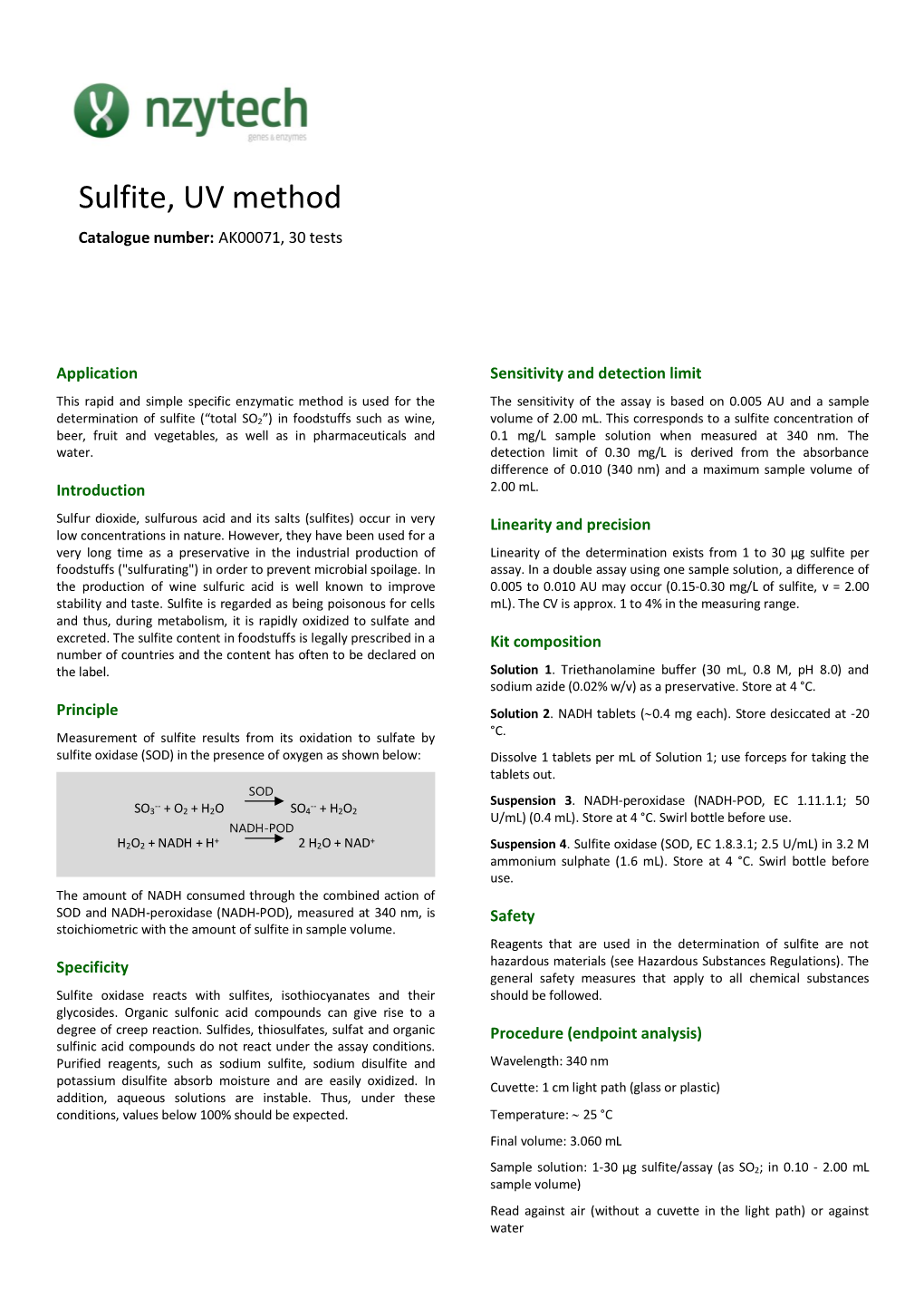 Sulfite, UV Method Catalogue Number: AK00071, 30 Tests