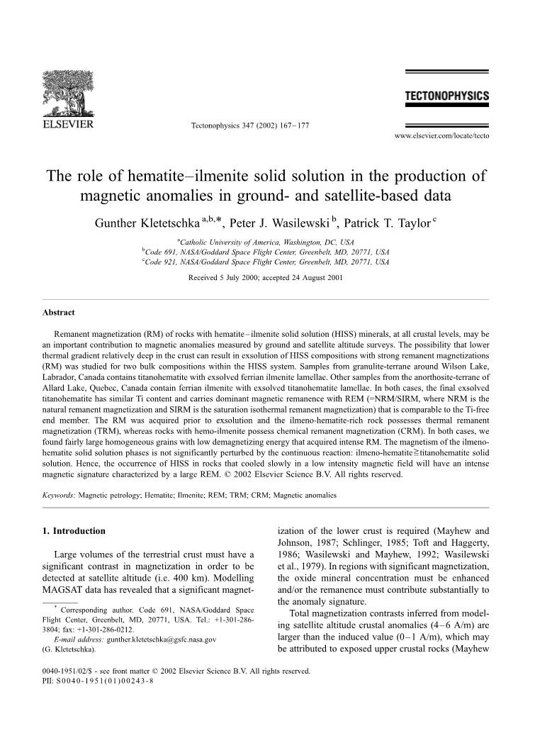 The Role of Hematite–Ilmenite Solid Solution in the Production of Magnetic Anomalies in Ground- and Satellite-Based Data