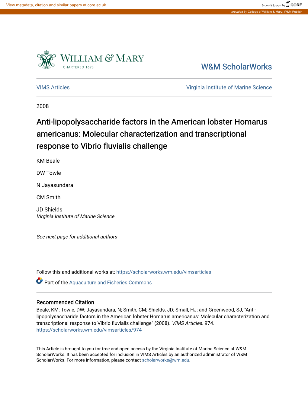 Anti-Lipopolysaccharide Factors in the American Lobster Homarus Americanus: Molecular Characterization and Transcriptional Response to Vibrio Fluvialis Challenge
