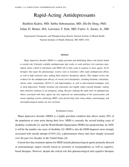 RAPID-ACTING ANTIDEPRESSANTS, MARCH 2019 1 Rapid-Acting Antidepressants