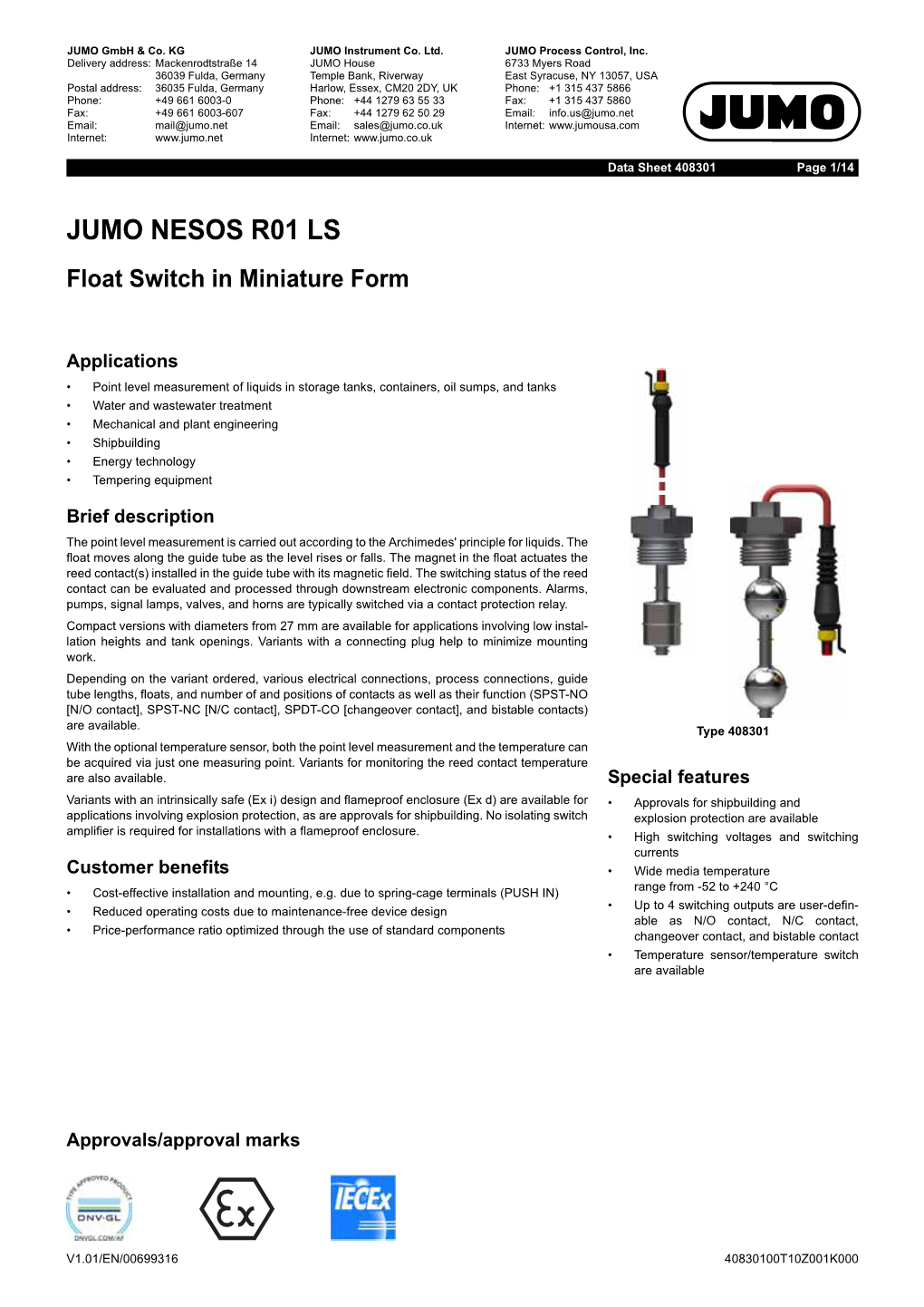 JUMO NESOS R01 LS Float Switch in Miniature Form