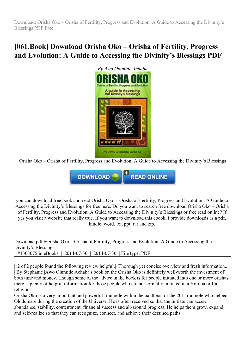 Download Orisha Oko Œ Orisha of Fertility, Progress and Evolution: a Guide to Accessing the Divinity™S Blessings