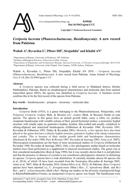 Ceriporia Lacerata (Phanerochaetaceae, Basidiomycota): a New Record from Pakistan