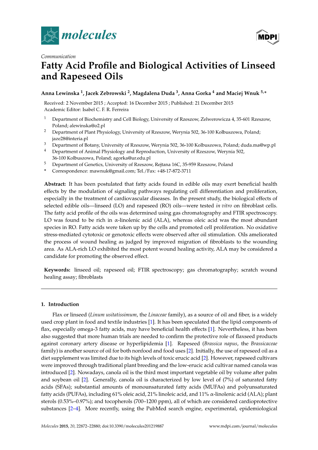 Fatty Acid Profile and Biological Activities of Linseed and Rapeseed