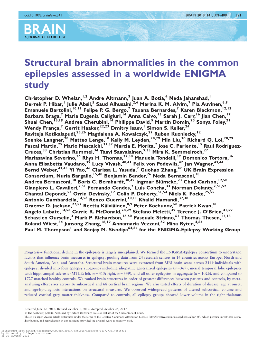 Structural Brain Abnormalities in the Common Epilepsies Assessed in a Worldwide ENIGMA Study