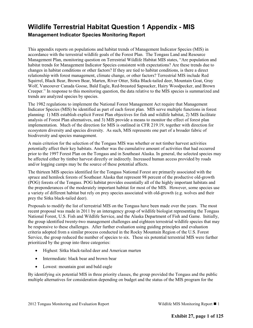 Wildlife Terrestrial Habitat Question 1 Appendix - MIS Management Indicator Species Monitoring Report