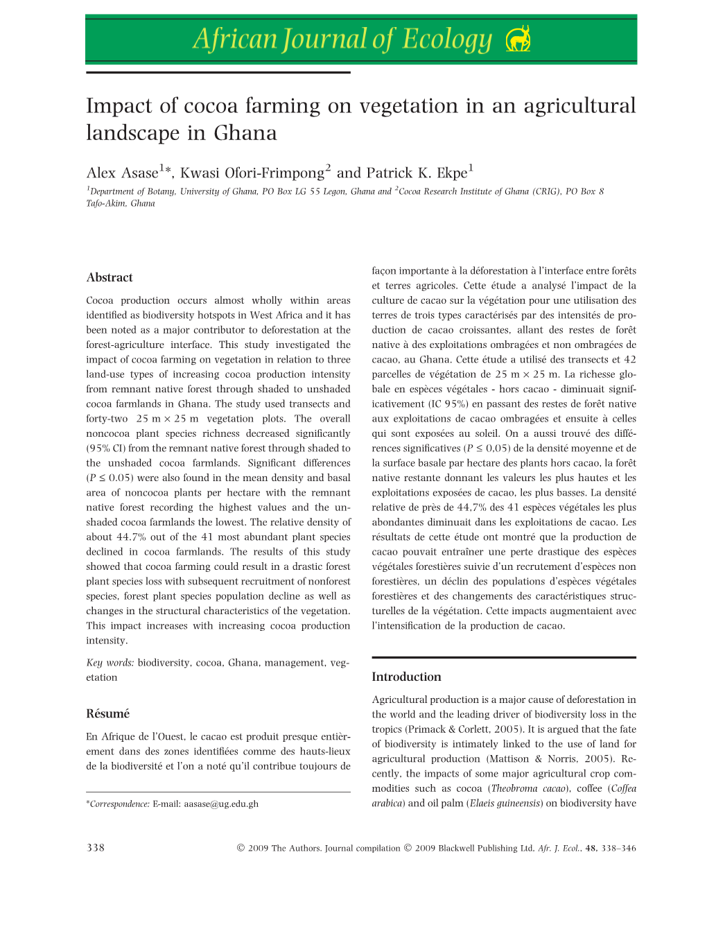 Impact of Cocoa Farming on Vegetation in an Agricultural Landscape in Ghana