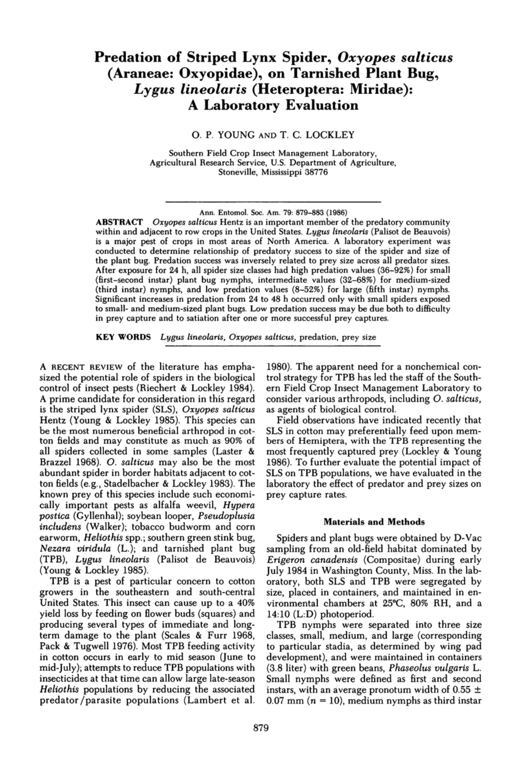 Predation of Striped Lynx Spider, Oxyopes Salticus (Araneae: Oxyopidae), on Tarnished Plant Bug, Lygus Lineolaris (Heteroptera: Miridae): a Laboratory Evaluation