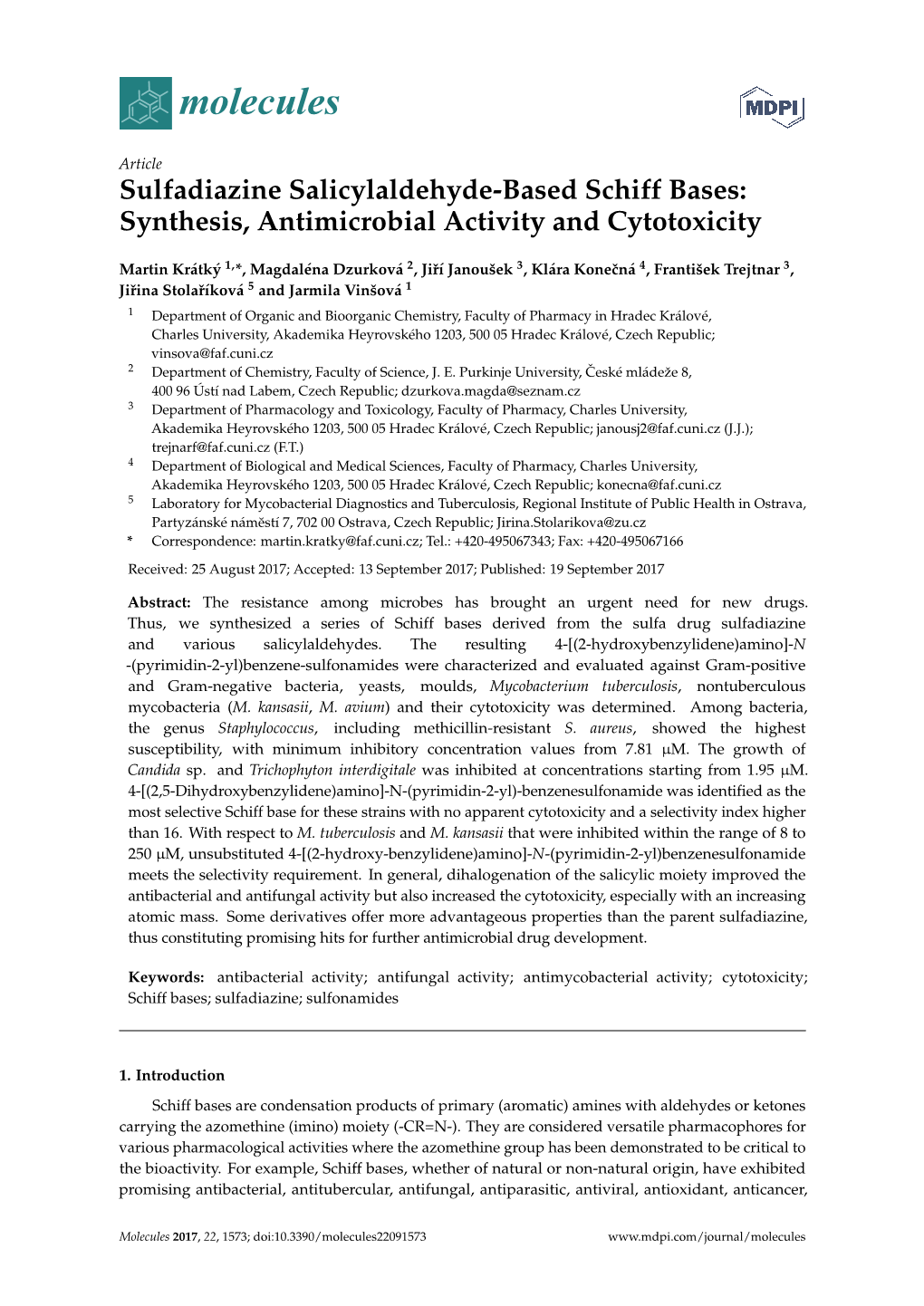 Sulfadiazine Salicylaldehyde-Based Schiff Bases: Synthesis, Antimicrobial Activity and Cytotoxicity