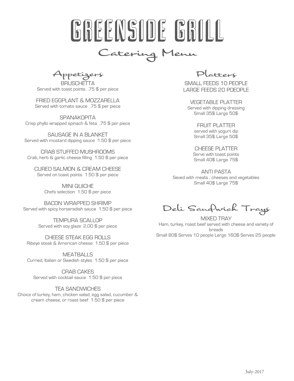 Greenside Grill ​ Catering Menu