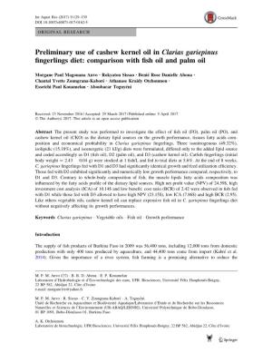 Preliminary Use of Cashew Kernel Oil in Clarias Gariepinus Fingerlings Diet