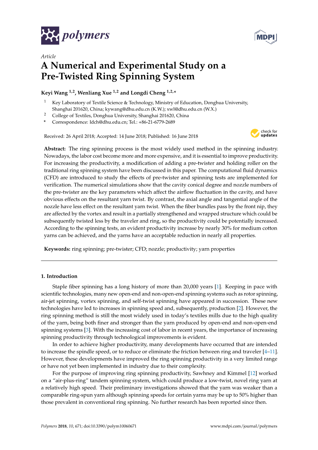 A Numerical and Experimental Study on a Pre-Twisted Ring Spinning System