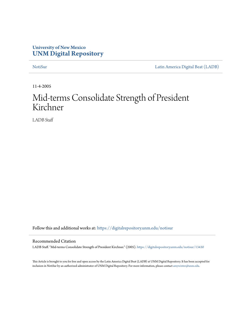 Mid-Terms Consolidate Strength of President Kirchner LADB Staff