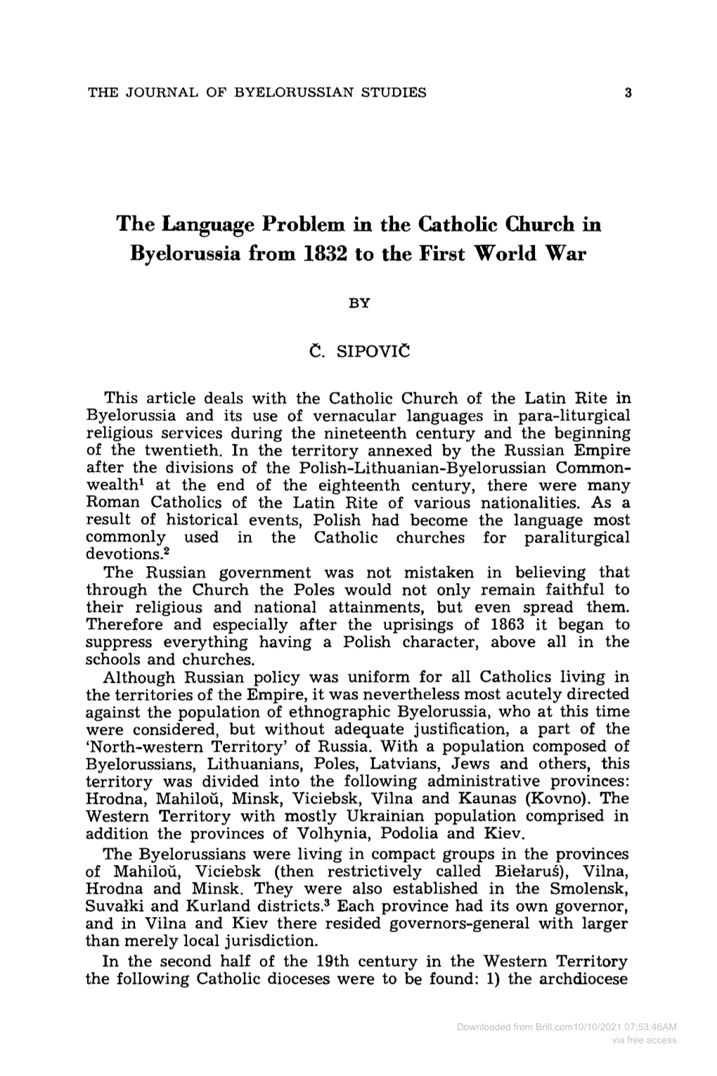 The Language Problem in the Catholic Church in Byelorussia from 1832 to the First World War