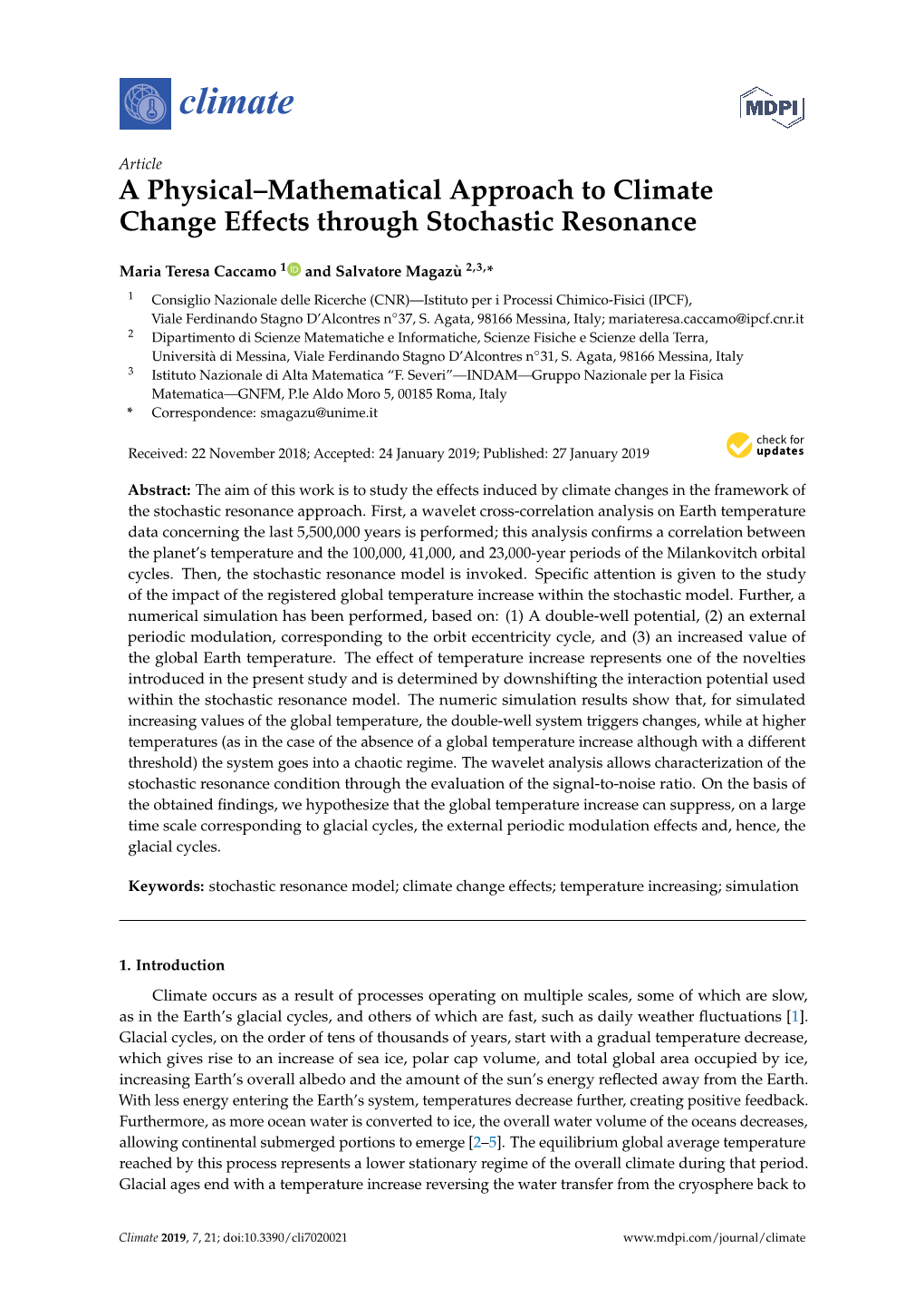 A Physical–Mathematical Approach to Climate Change Effects Through Stochastic Resonance