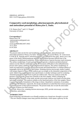 Comparative Seed Morphology, Pharmacognostic, Phytochemical and Antioxidant Potential of Memecylon L