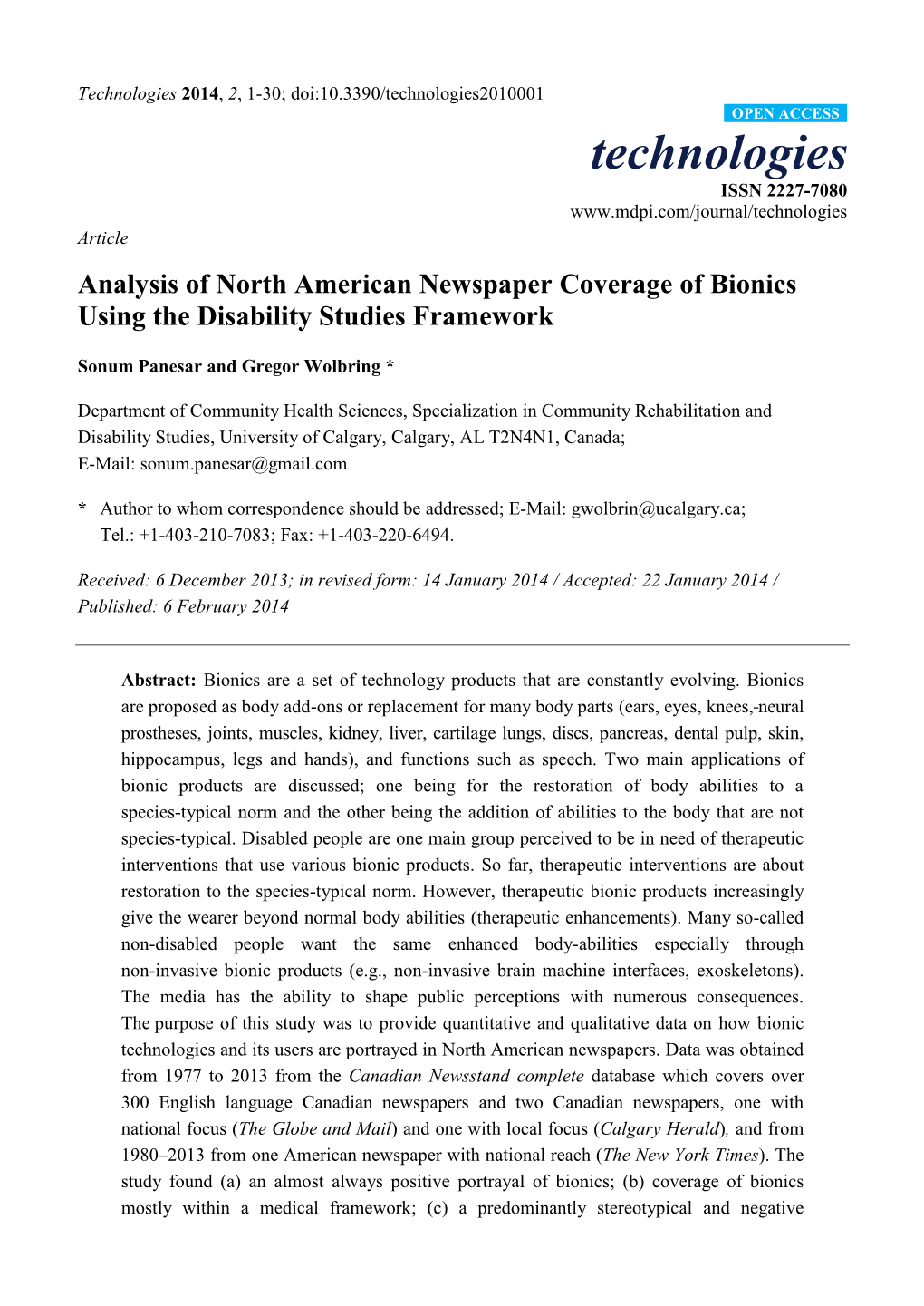 Analysis of North American Newspaper Coverage of Bionics Using the Disability Studies Framework