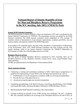 National Report of Islamic Republic of Iran for Man and Biosphere Reserve Programme to the ICC Meeting, July 2012, UNESCO, Paris