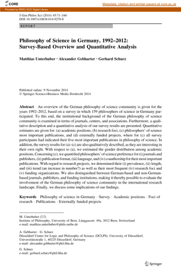 Philosophy of Science in Germany, 1992–2012: Survey-Based Overview and Quantitative Analysis