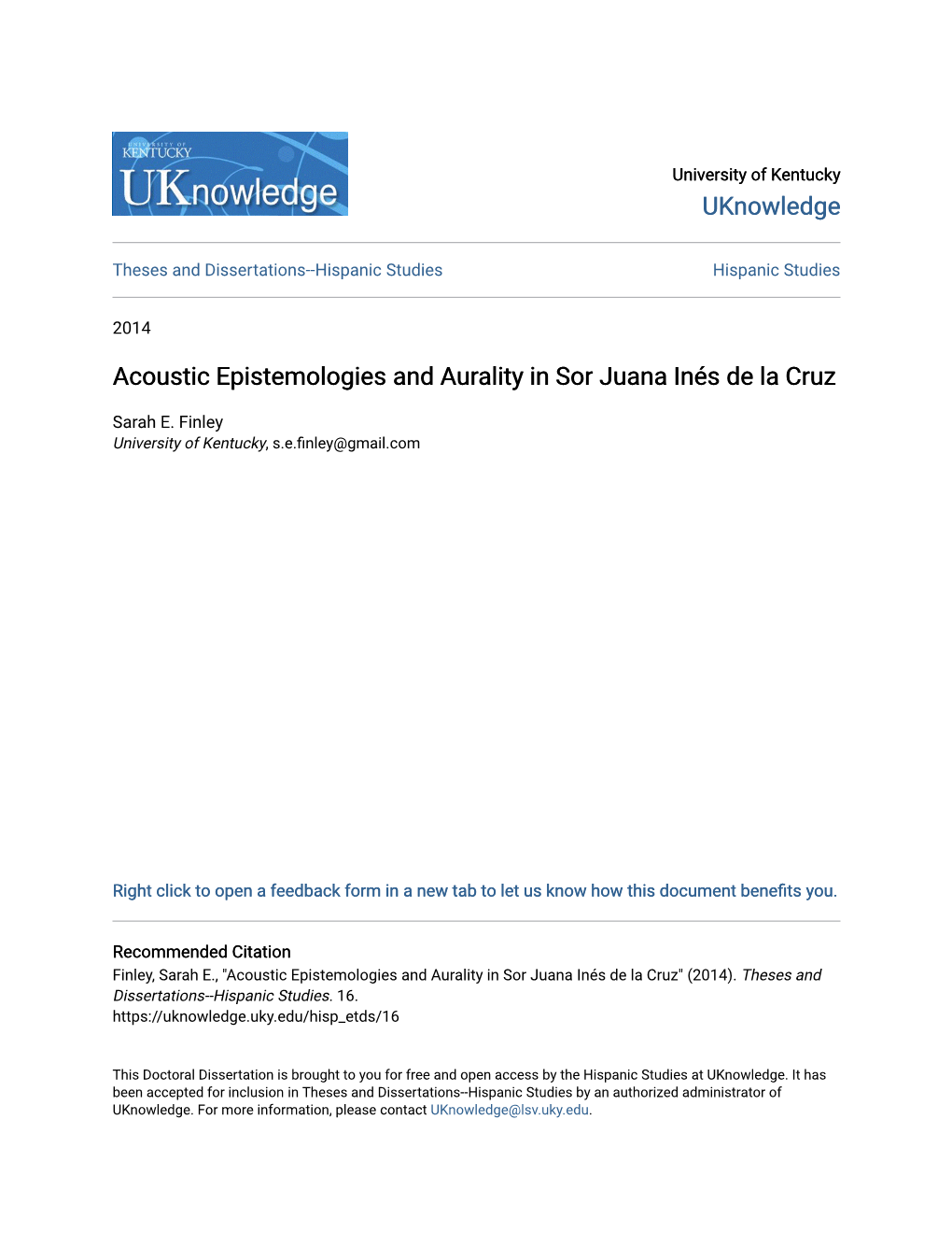 Acoustic Epistemologies and Aurality in Sor Juana Inés De La Cruz