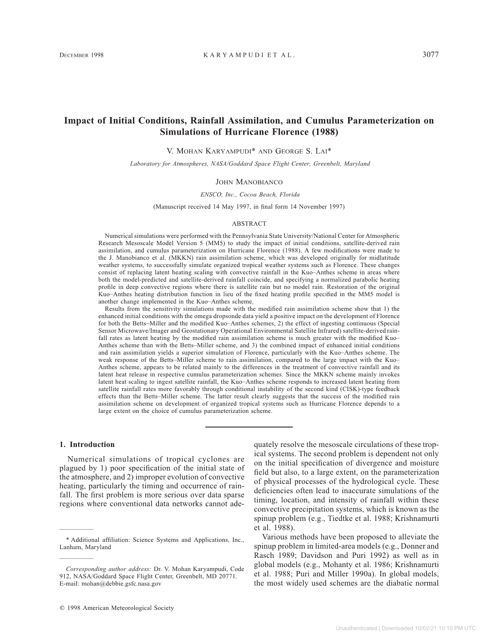 Downloaded 10/02/21 10:10 PM UTC 3078 MONTHLY WEATHER REVIEW VOLUME 126 Mode Initialization (NMI; E.G., Puri and Miller 1990A; Satility in the Tropics