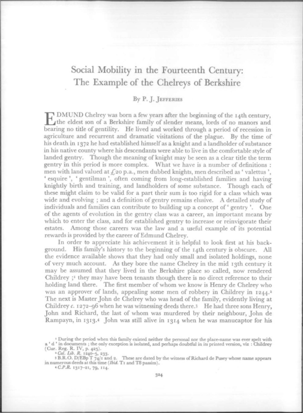 Social Mobility in the Fourteenth Century: the Example of the Chelreys of Berkshire