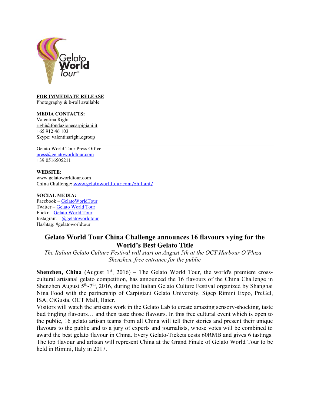 Gelato World Tour China Challenge Announces 16 Flavours Vying for The