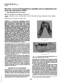 Recently Recovered Kenyapithecus Mandible and Its Implications for Great Ape and Human Origins (Prhnates/Hominoidea/Miocene/Africa/Anatomy) MONTE L