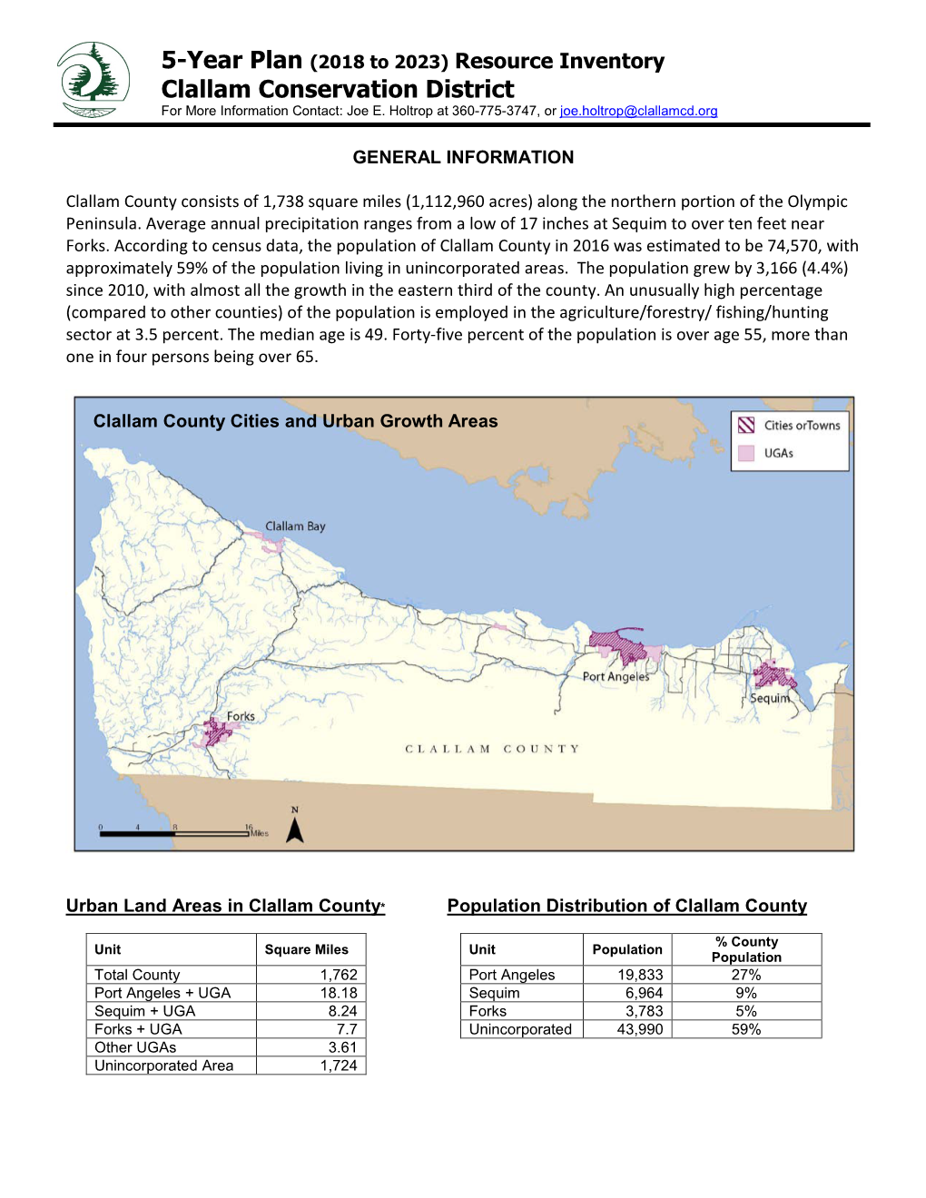 5-Year Plan (2018 to 2023) Resource Inventory Clallam Conservation District for More Information Contact: Joe E