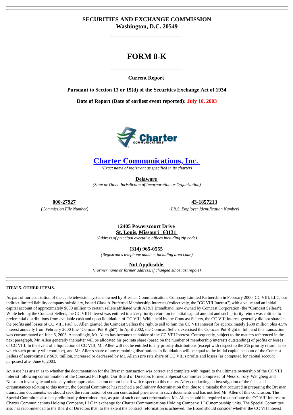 FORM 8-K Charter Communications, Inc