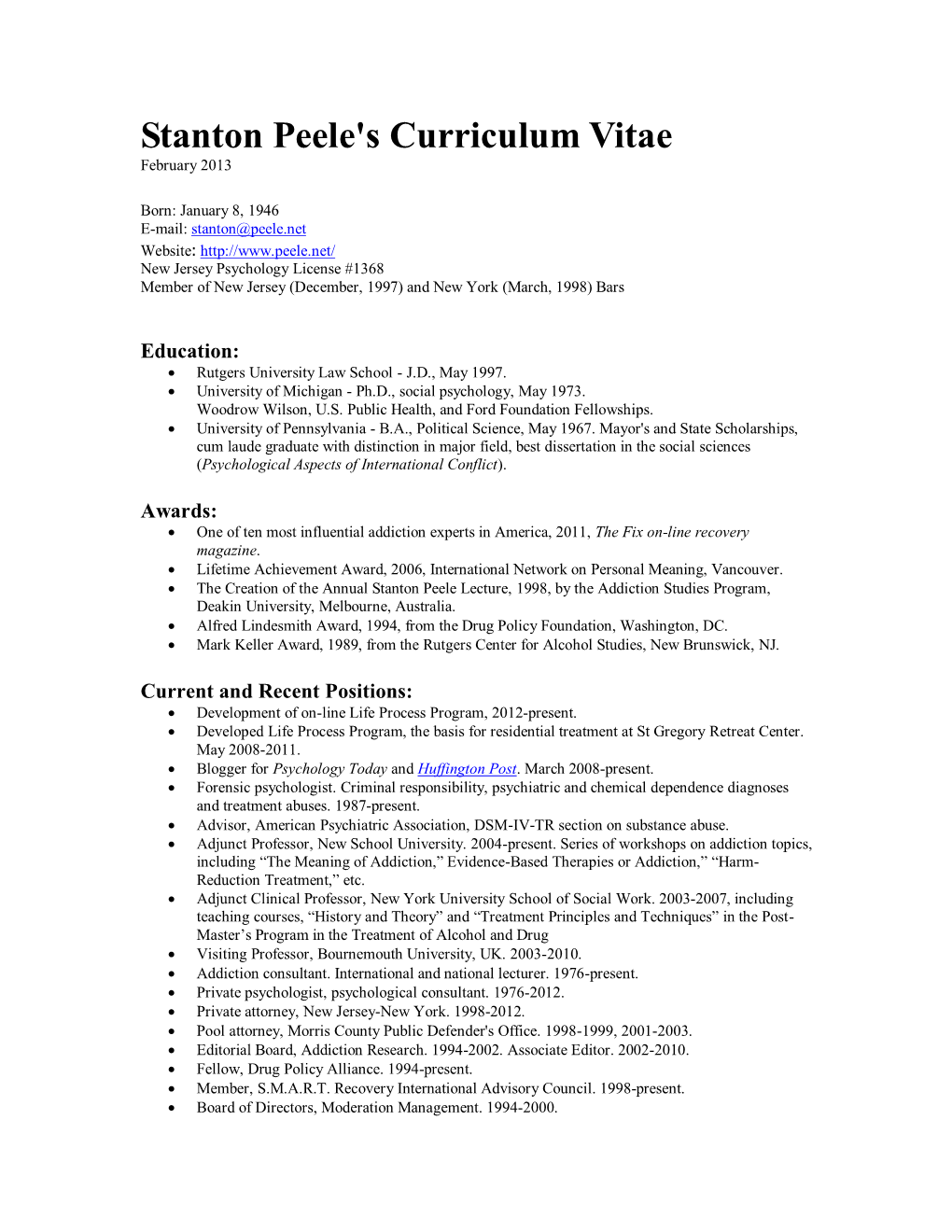 Stanton Peele's Curriculum Vitae February 2013