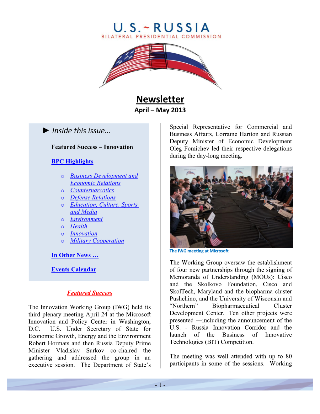 Newsletter April – May 2013