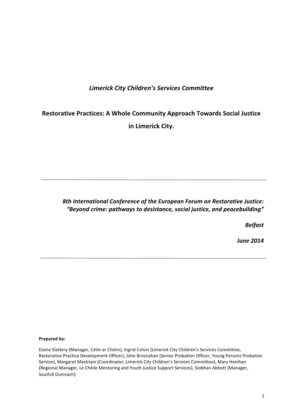Limerick City Children's Services Committee Restorative Practices: A
