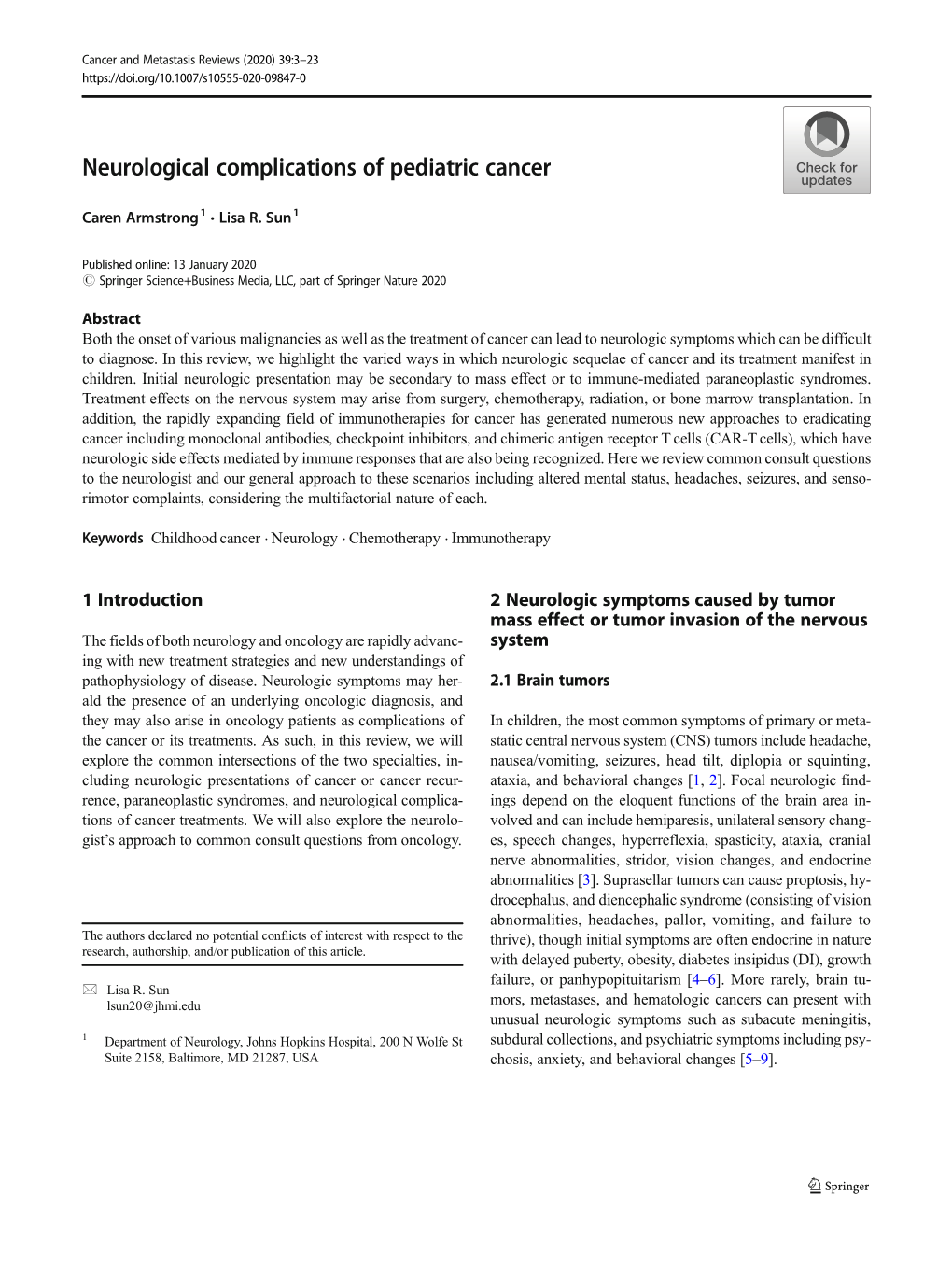 Neurological Complications of Pediatric Cancer