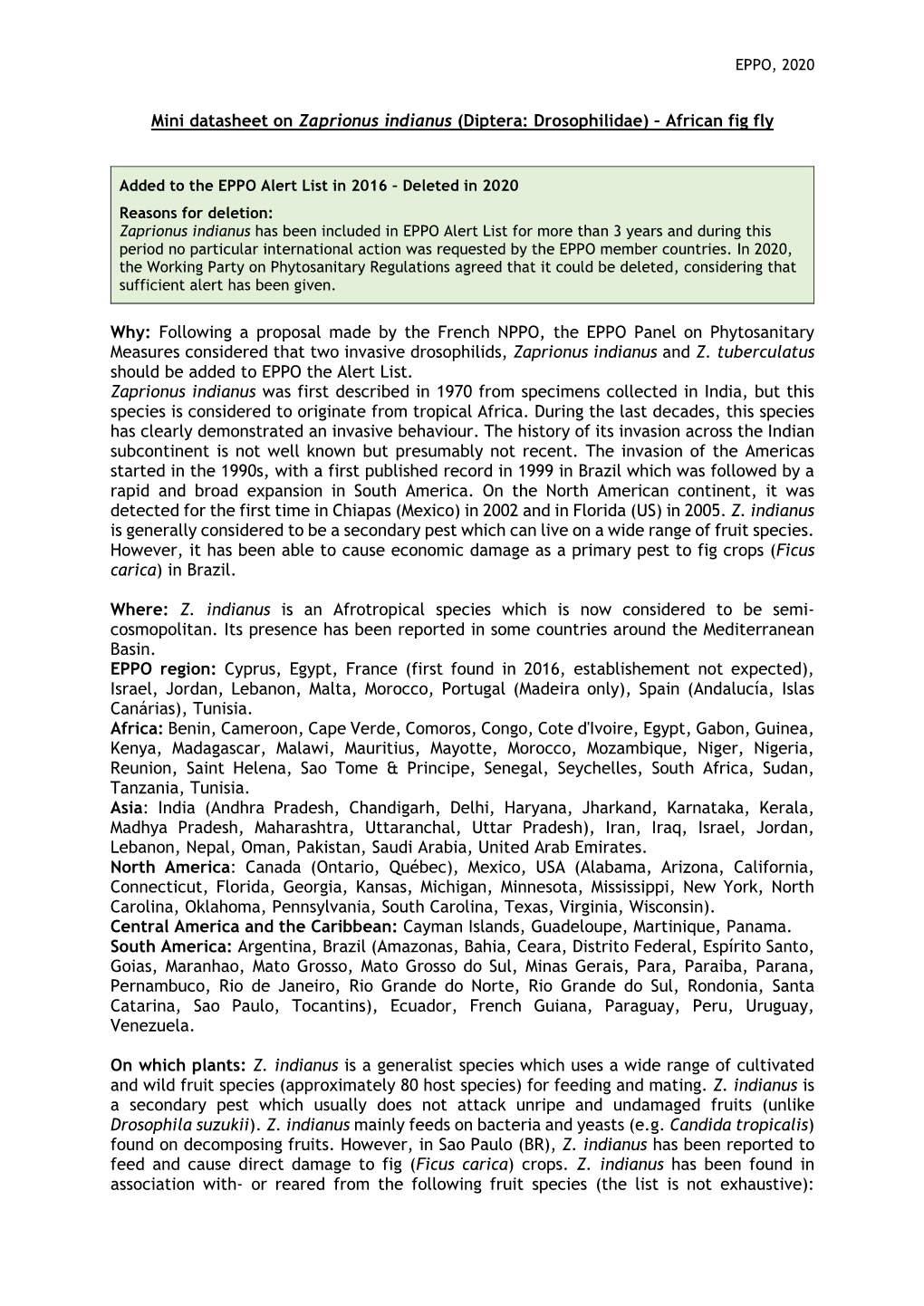 Mini Datasheet on Zaprionus Indianus (Diptera: Drosophilidae) – African Fig Fly