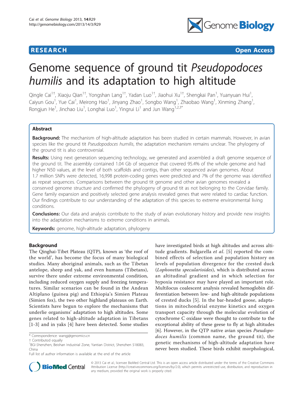 Genome Sequence of Ground Tit Pseudopodoces Humilis and Its