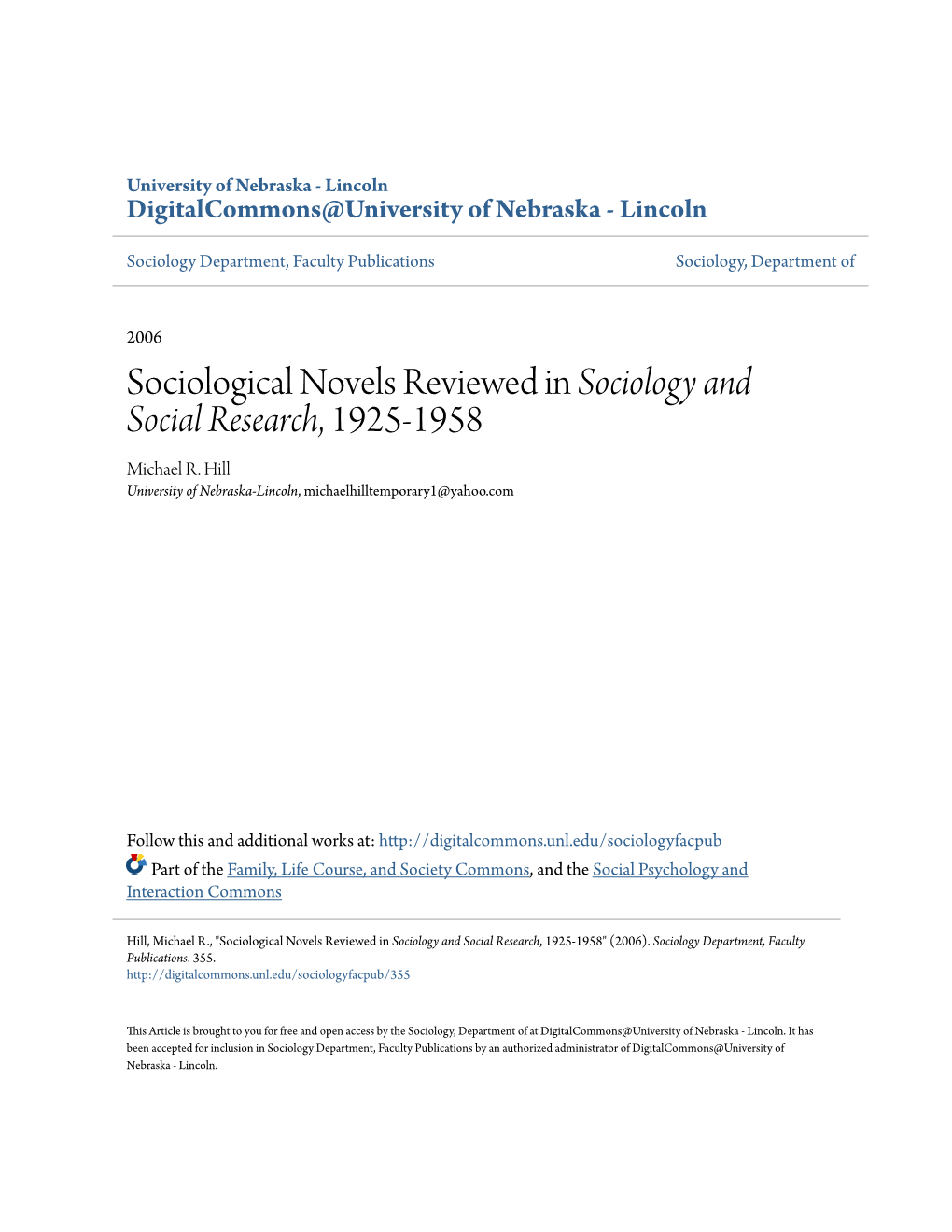 Sociological Novels Reviewed in Sociology and Social Research, 1925-1958 Michael R