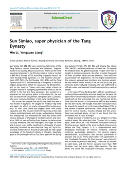 Sun Simiao, Super Physician of the Tang Dynasty Min Li, Yongxuan Liang*