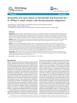 Osmolality and Ionic Status of Hemolymph and Branchial Na+/K+